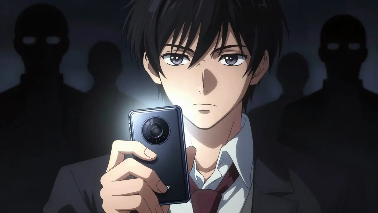Anime character securing crypto assets with a hardware wallet against shadows