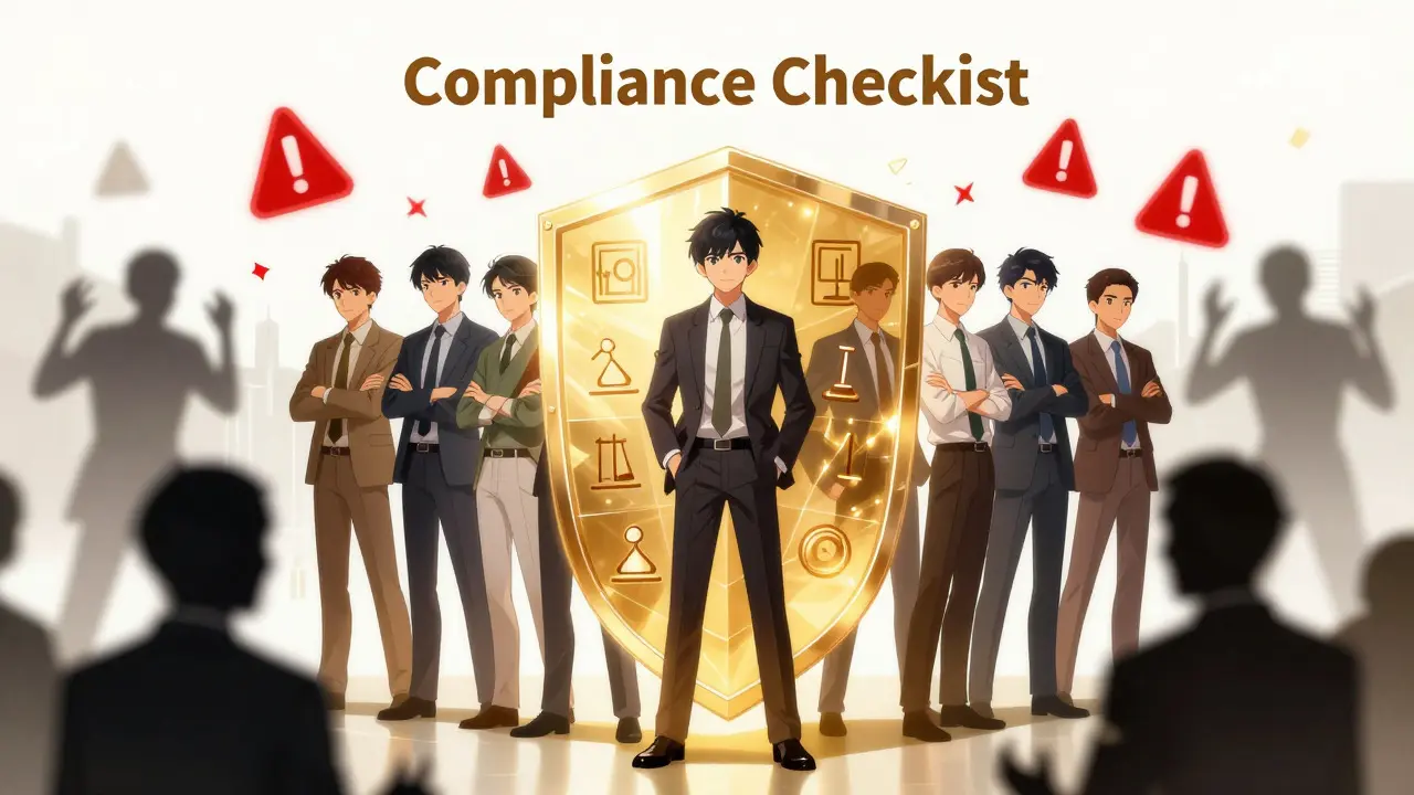 Anime characters protected by a golden compliance shield against chaos