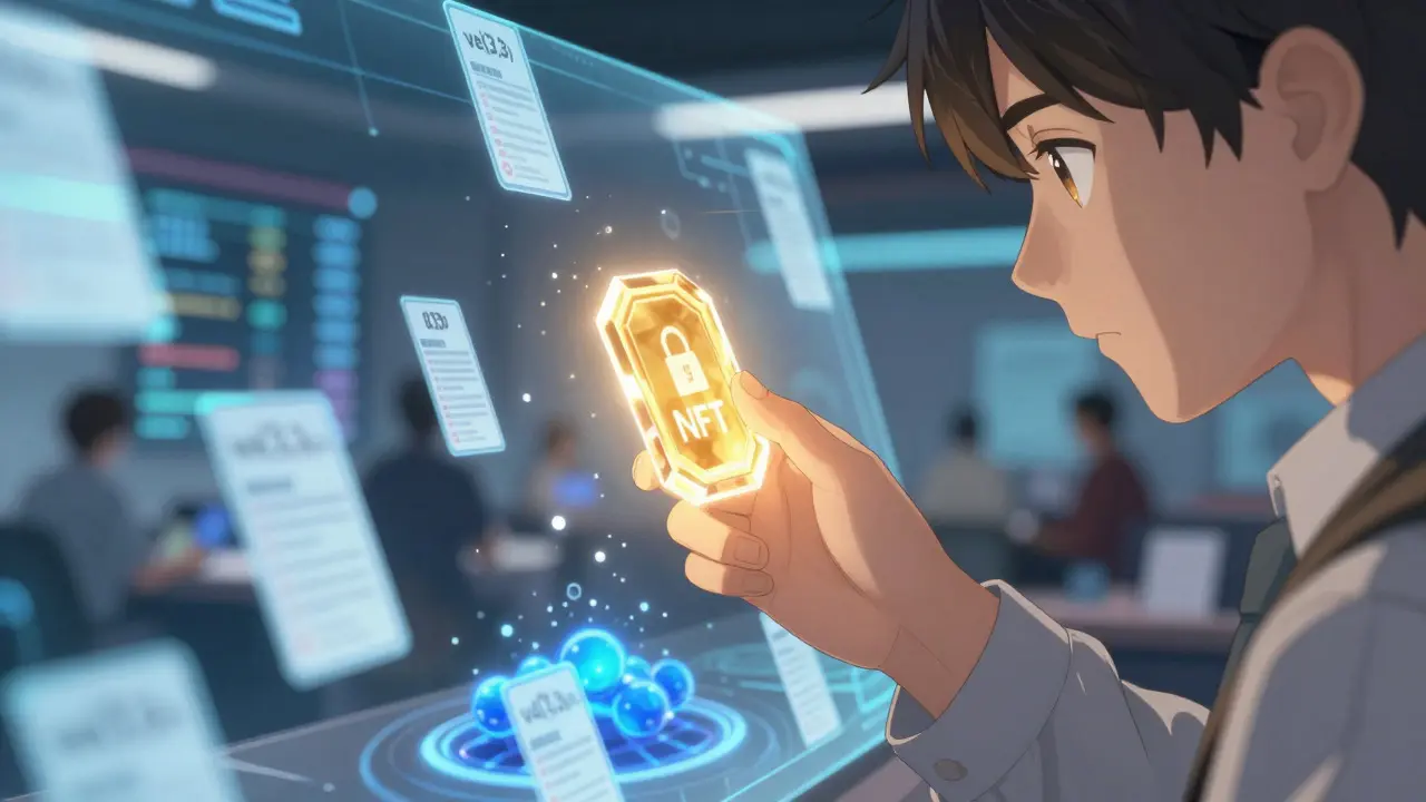 Anime close-up of a trader using a holographic interface to vote on liquidity pool incentives with a glowing NFT