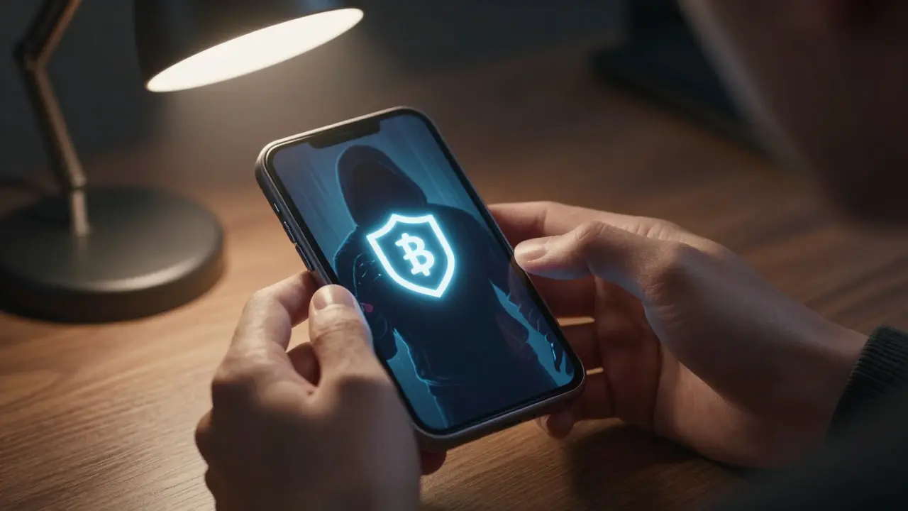 Anime close-up of secure hardware wallet usage with anti-scam symbolism