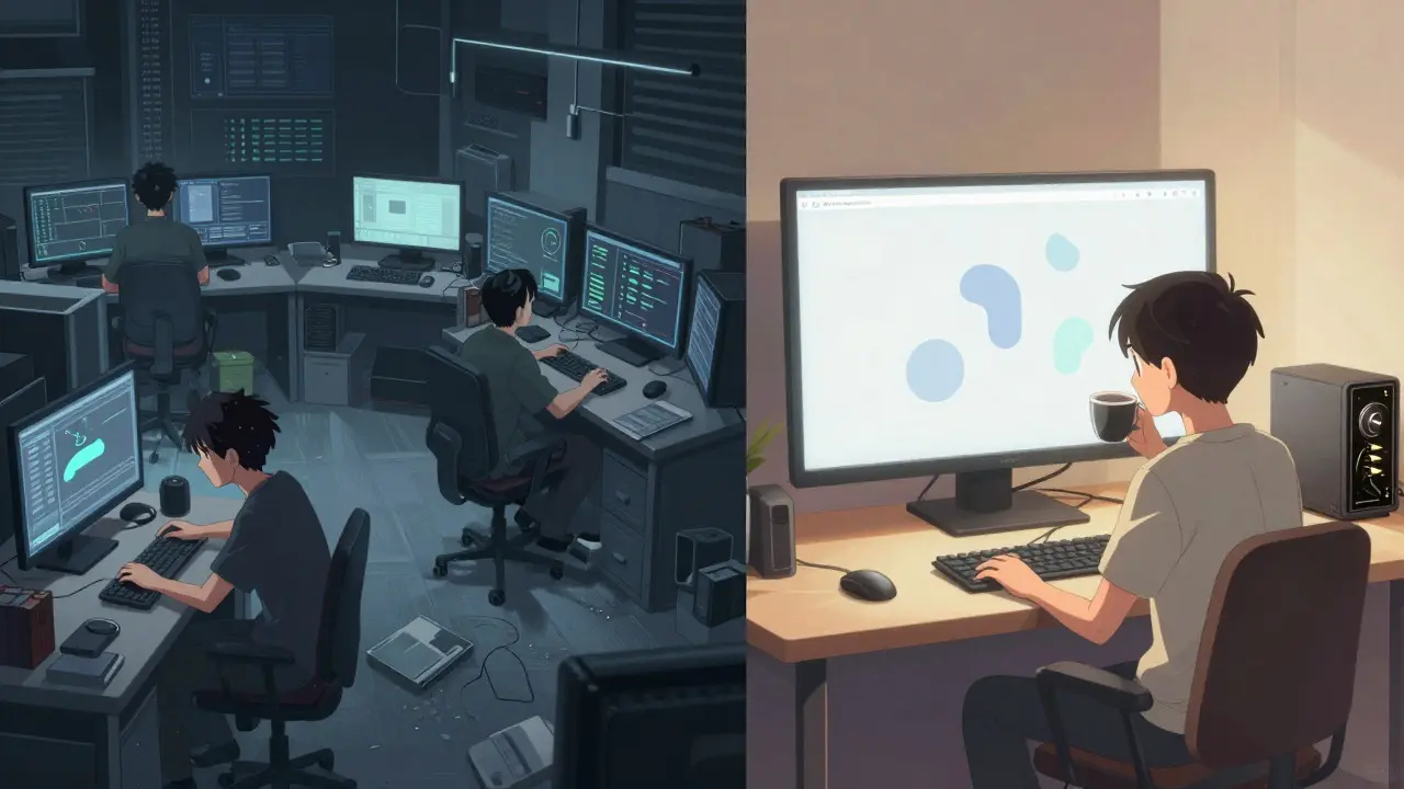 Anime comparison of a chaotic trading desk versus a calm, simple mining workstation