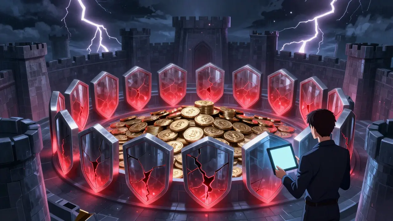 Anime concept art of a digital fortress protecting crypto funds with visible security cracks