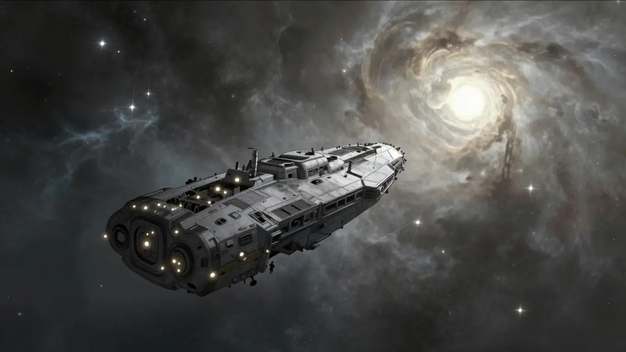 Anime depiction of an abandoned spaceship drifting in space, symbolizing a dormant crypto project
