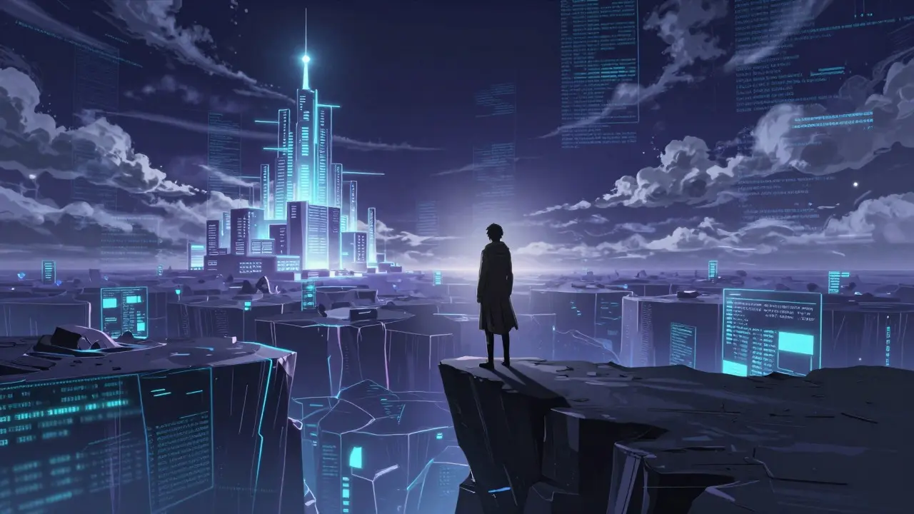 Anime figure overlooking a glitching digital landscape symbolizing crypto market volatility