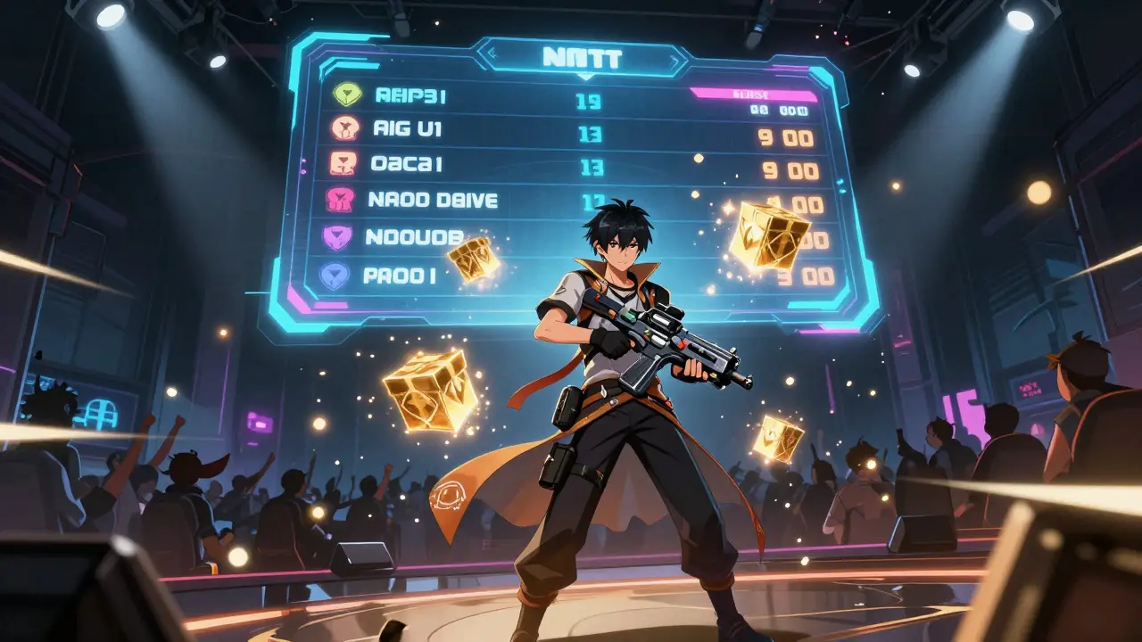 Anime gamer in a dark arena with holographic leaderboard and glowing lootboxes.