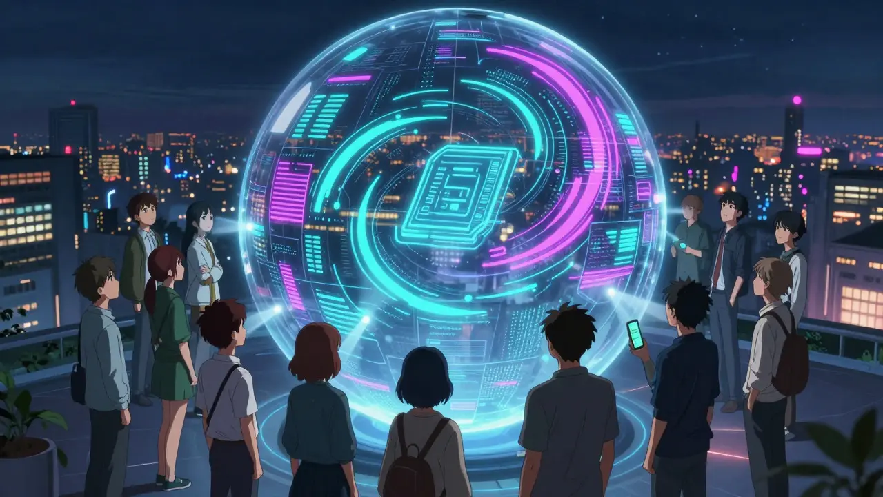 Anime group of people observing a large digital sphere containing swirling data streams over a city