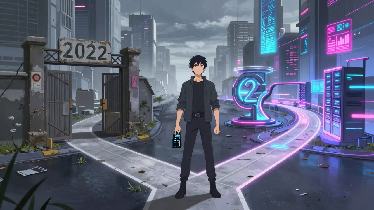 Anime hero choosing between past and future crypto paths