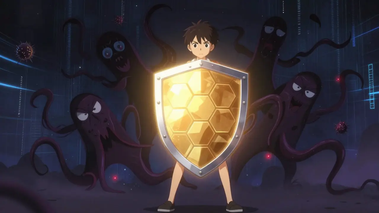 Anime hero holding a glowing hexagonal shield that repels dark, tentacled phishing threats