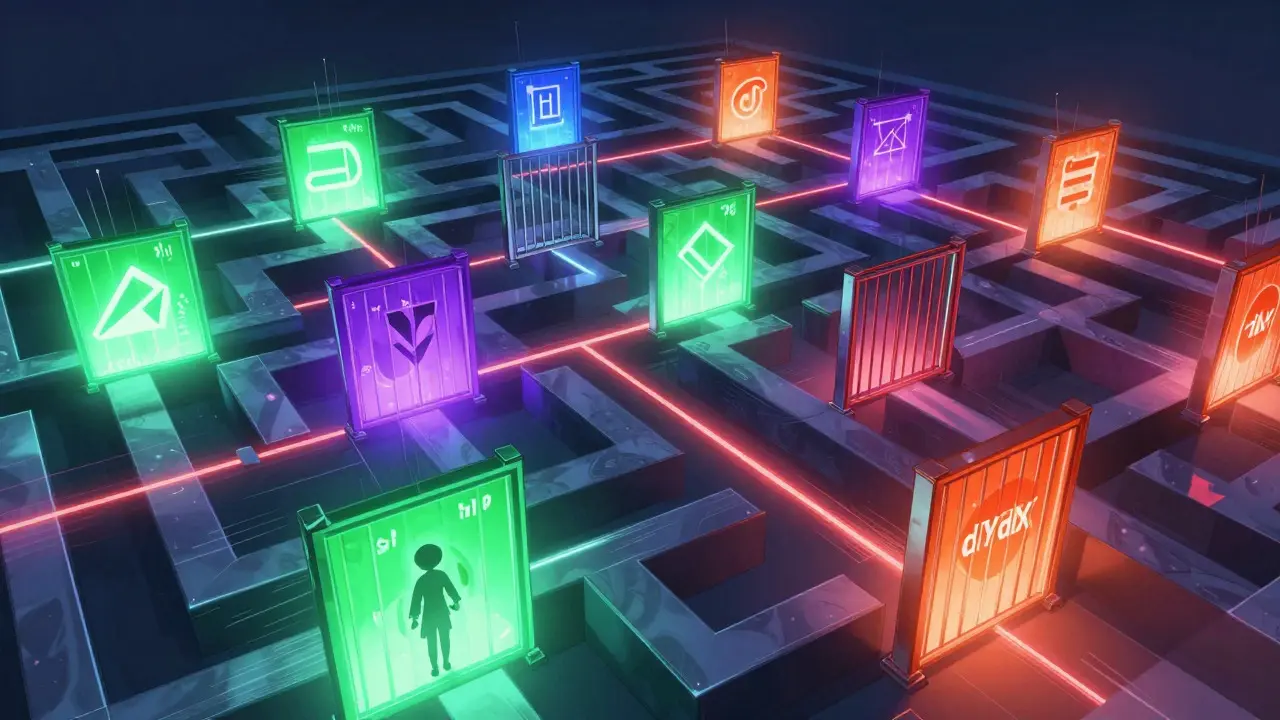 Anime illustration of a digital maze with open and closed gates