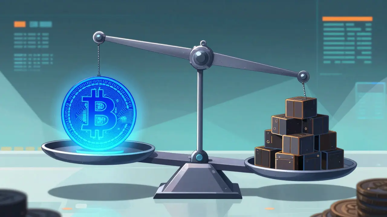 Anime illustration of a digital scale tipping, triggering asset liquidation