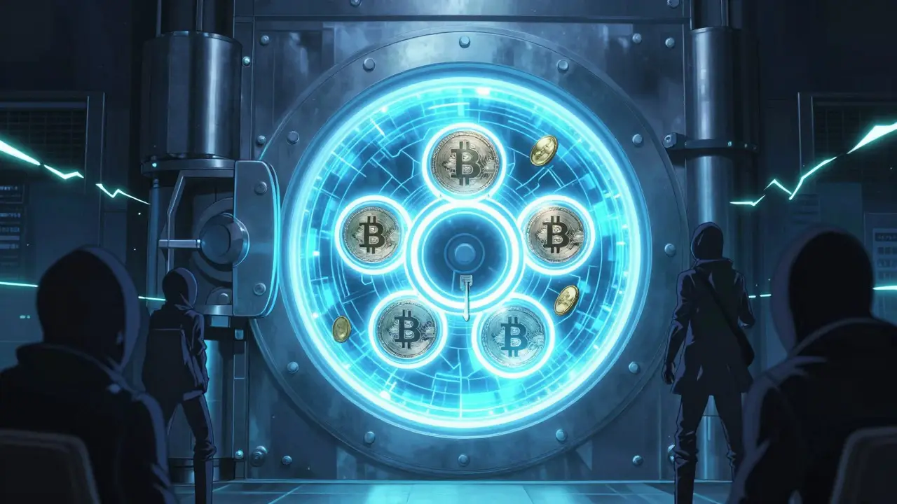 Anime illustration of a secure digital vault with multi-signature key rings