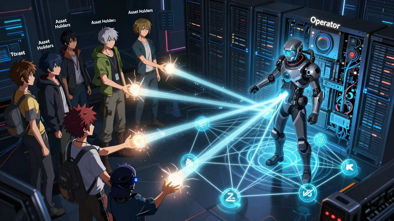 Anime illustration of asset holders delegating to a tech operator