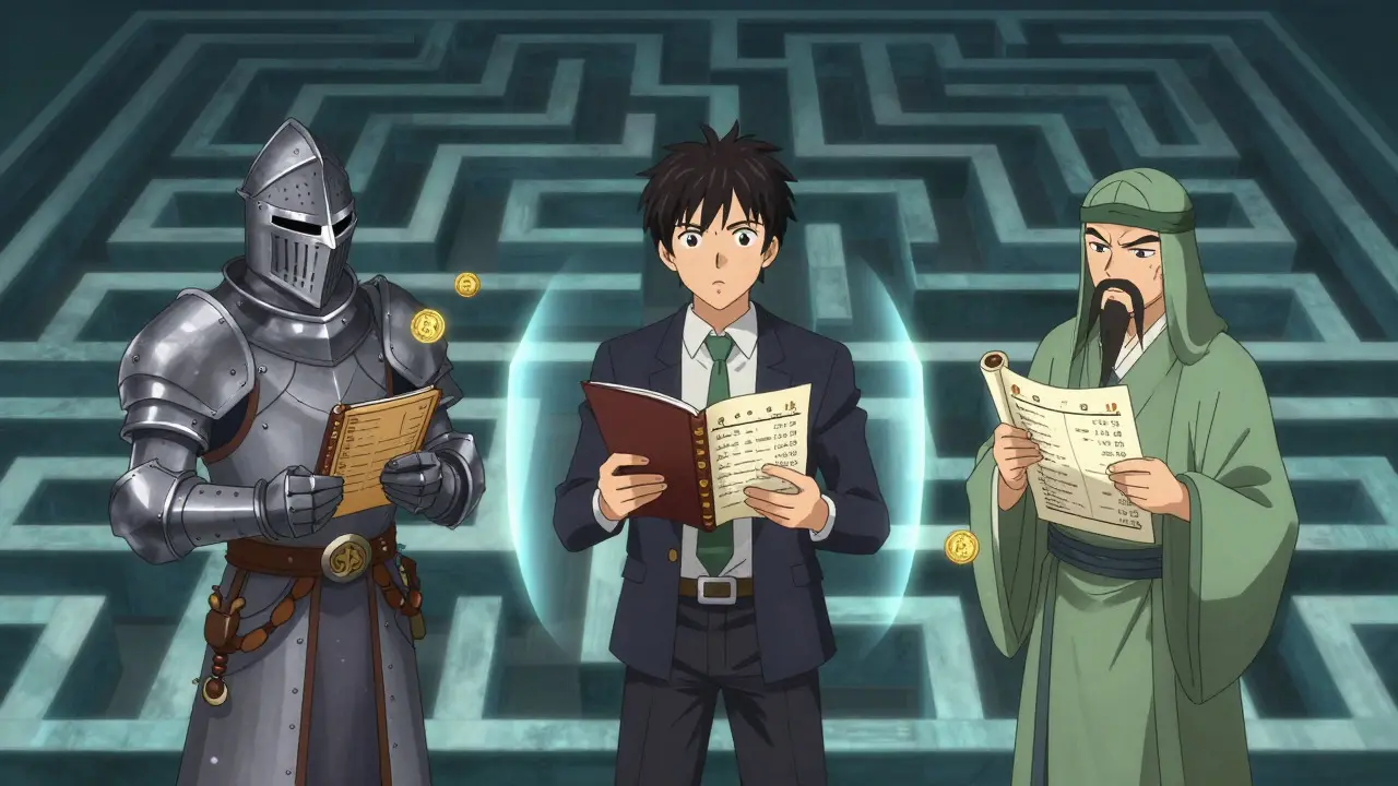 Anime illustration of three separate crypto wallets blocked by force fields
