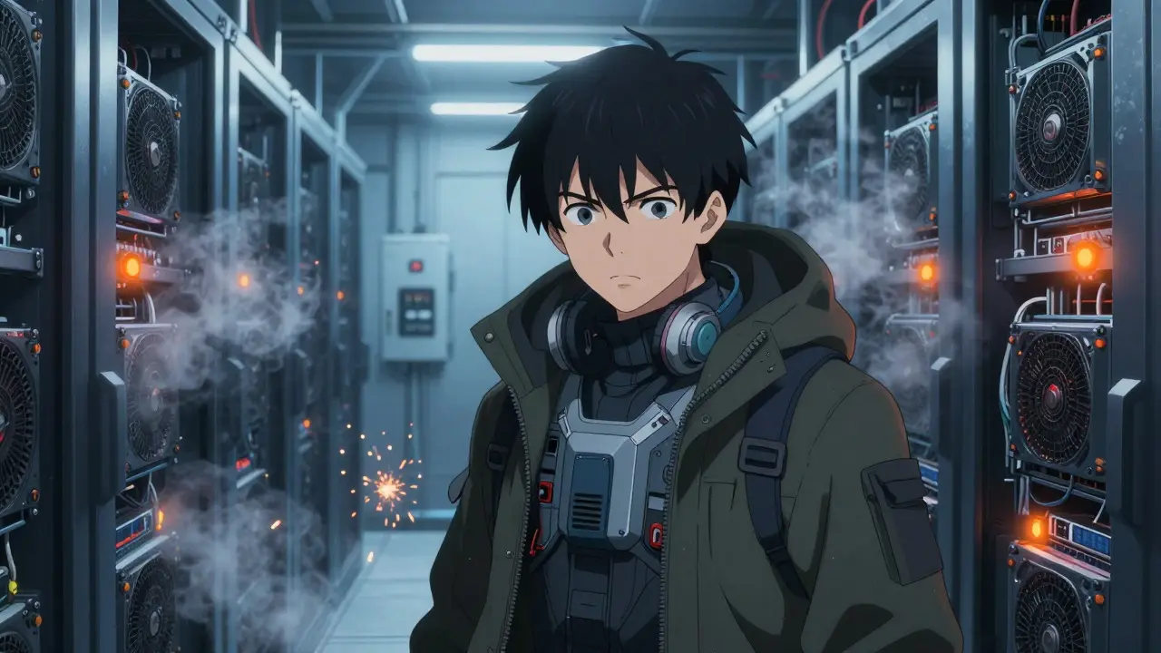 Anime miner in a cold server room facing energy regulation challenges