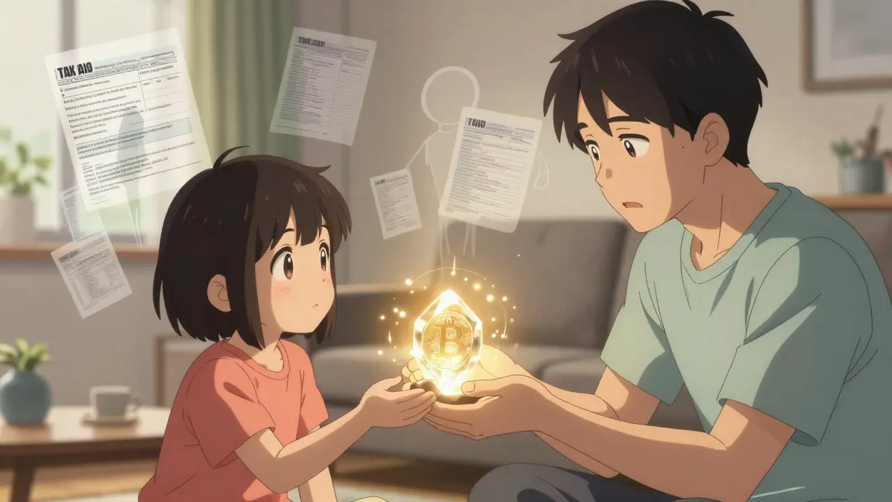 Anime parent handing glowing crypto crystal to child heir in living room