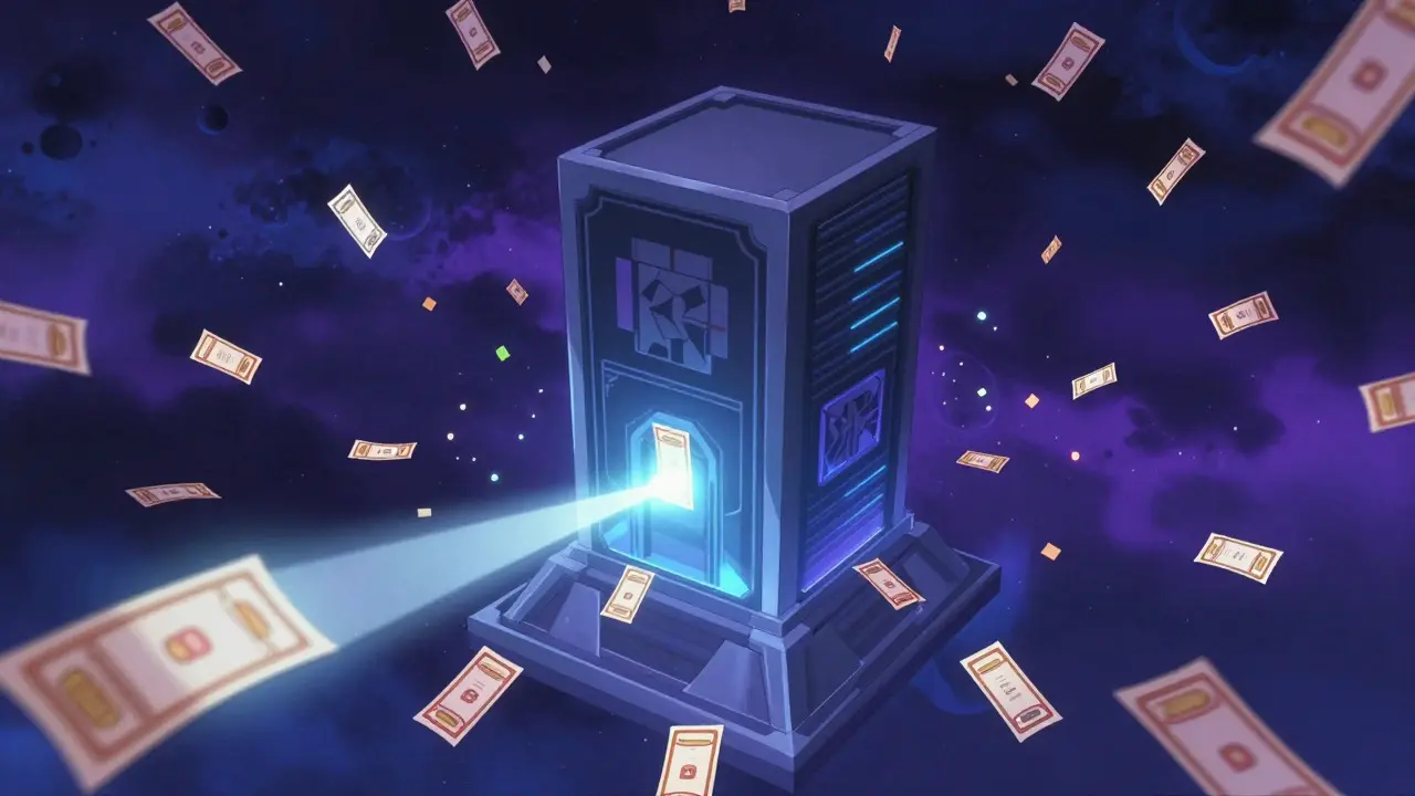 Anime style digital lottery machine selecting a winning ticket