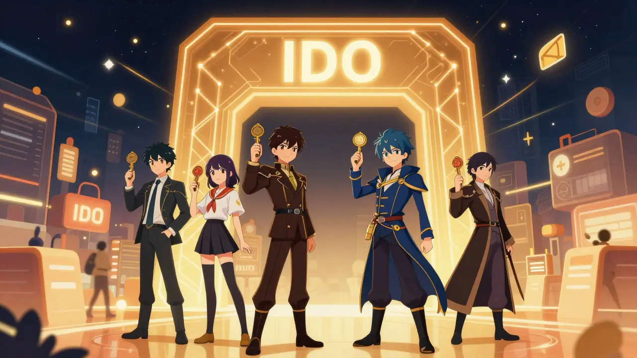Anime style illustration of IDO launchpad guardians and digital gateway