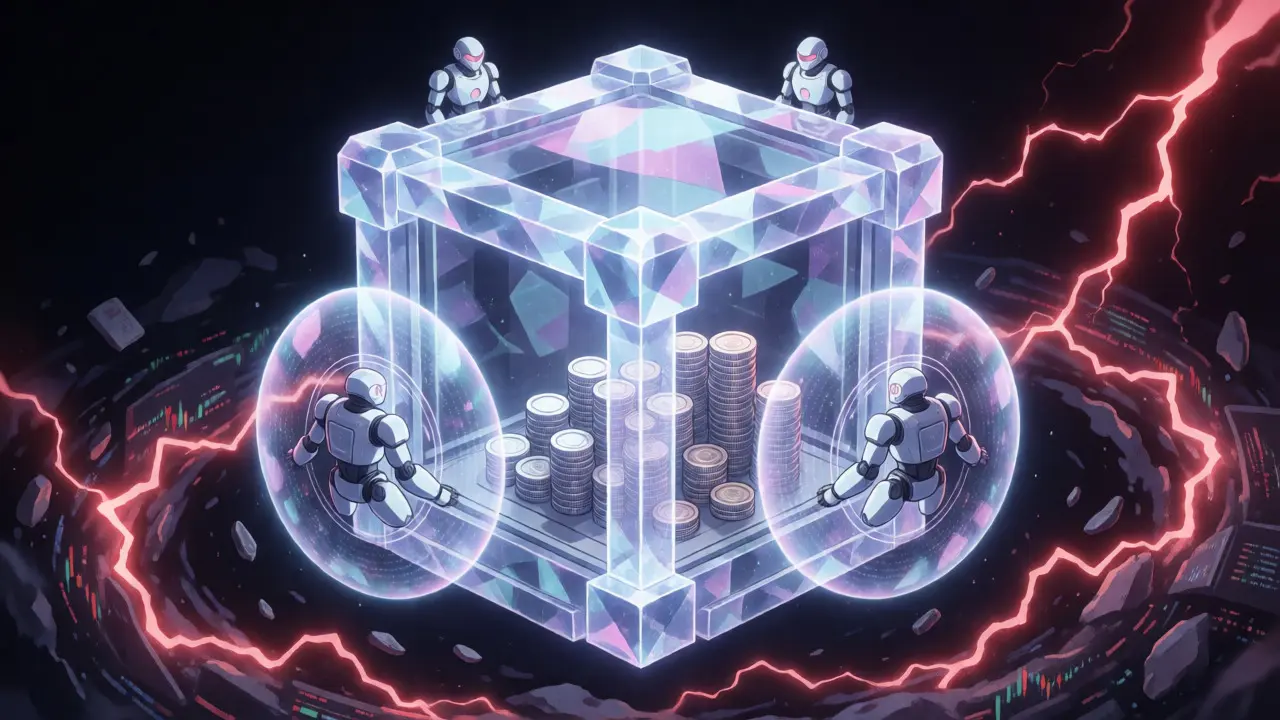 Anime style secure digital vault protecting crypto assets from market volatility