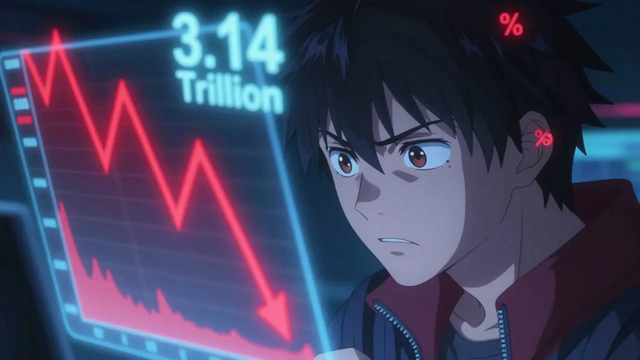 Anime trader staring at crashing red crypto price chart