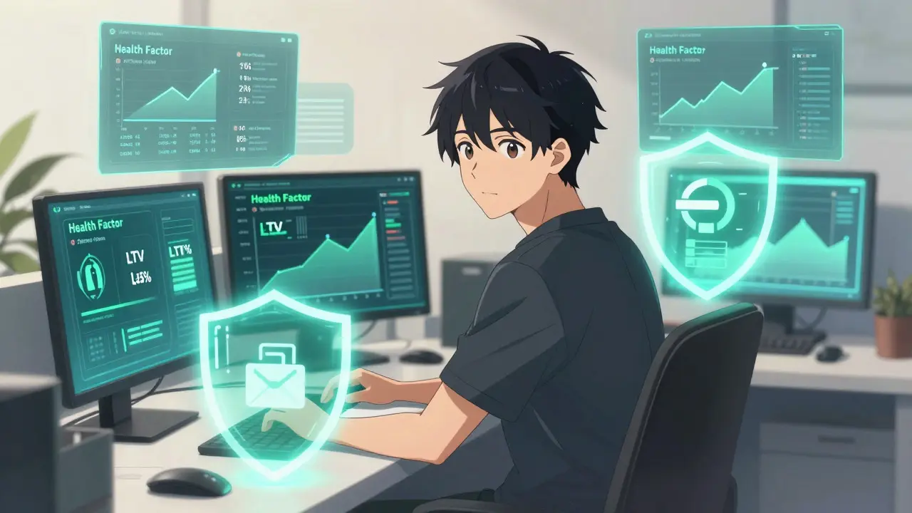 Anime user calmly managing safe DeFi positions with protective shields