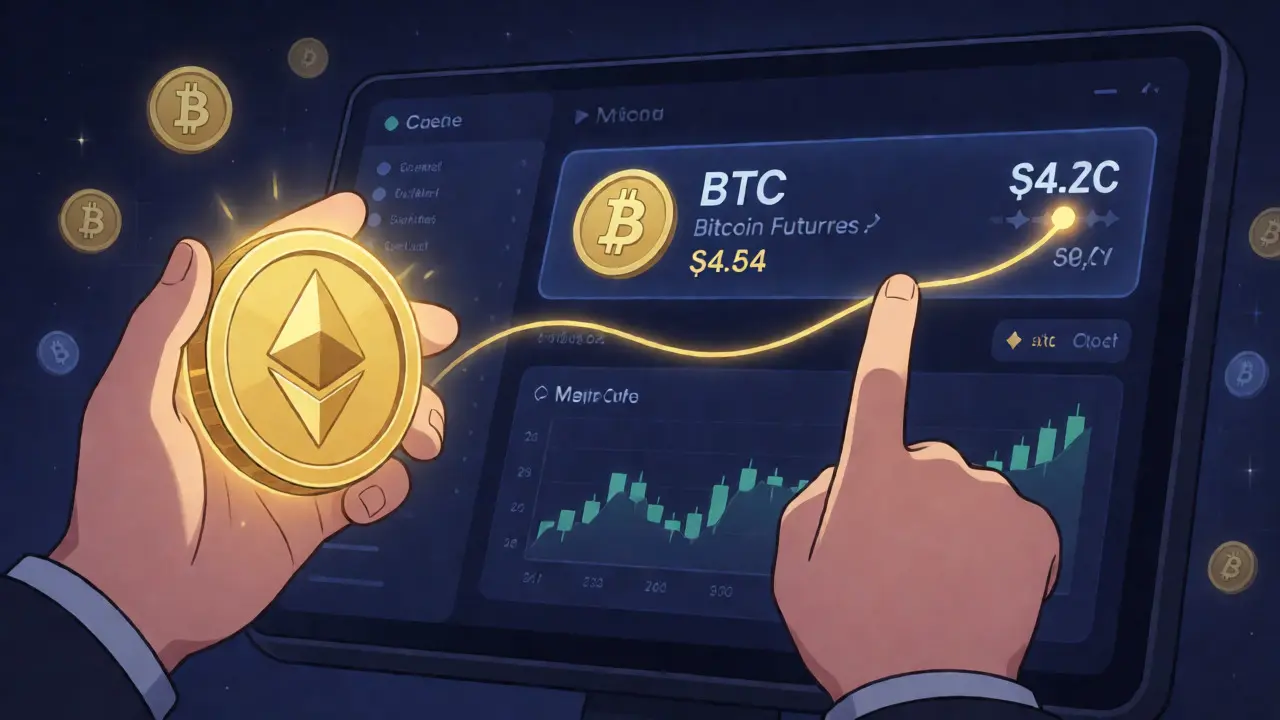 Anime visualization of using Ethereum as collateral for Bitcoin futures trading