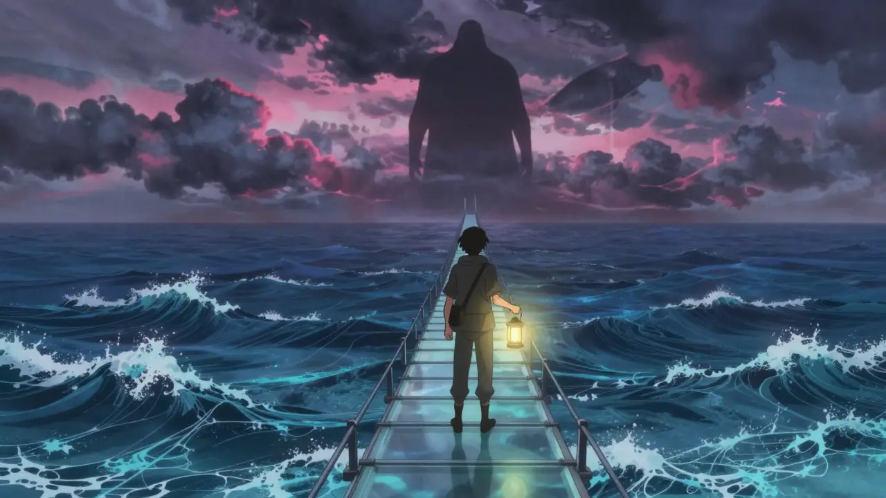 Character on a glass bridge over digital waves holding a lantern