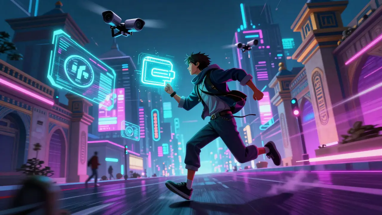 Character running with digital wallet in cyber-Egypt