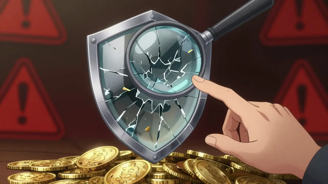 Cracked glass shield protecting coins under a magnifying glass