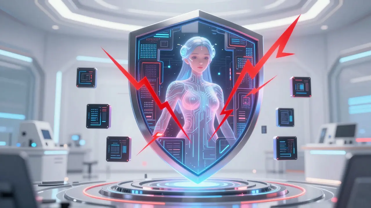 Futuristic anime AI shield protecting blockchain data