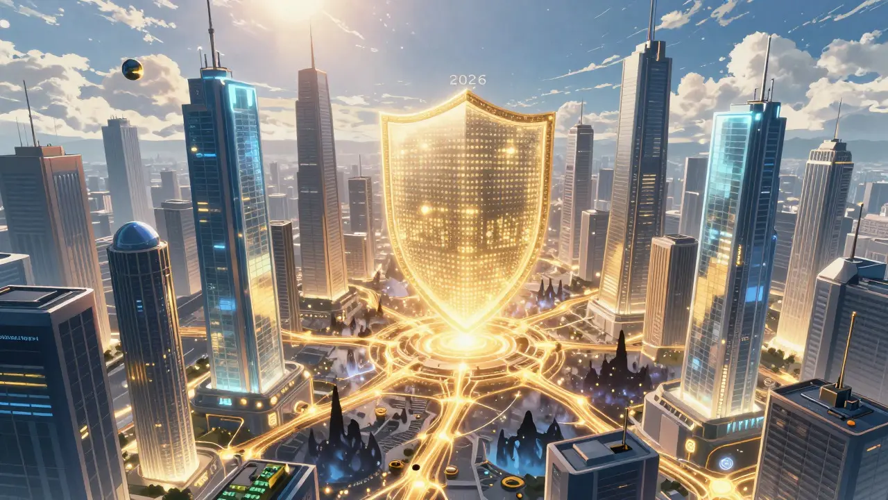 Futuristic anime city protected by a shared security shield
