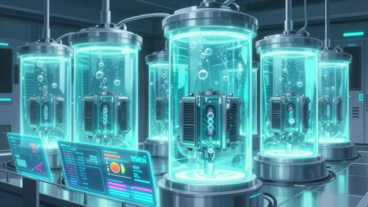 Futuristic hydro-cooled ASIC miners in a high-tech server room