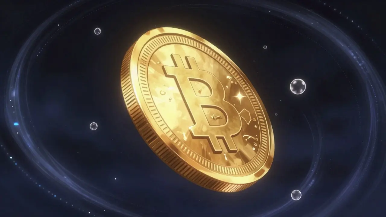 Glowing golden coin floating in a dark digital void with energy swirls