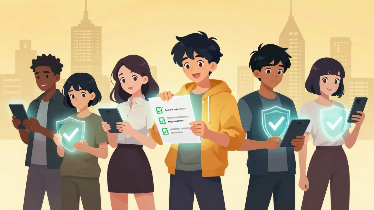 Happy users verifying safe crypto platforms with checklists
