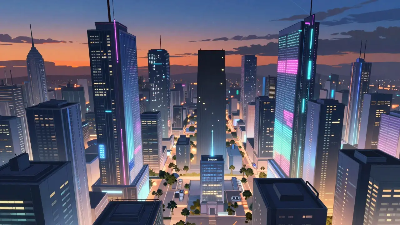 Isolated dark building amidst bright skyscrapers in an anime city