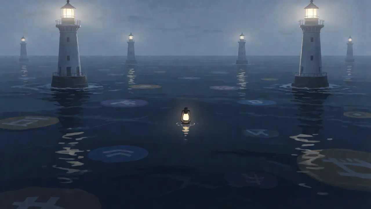 Lonely lantern floating in a dark sea surrounded by distant bright lighthouses.