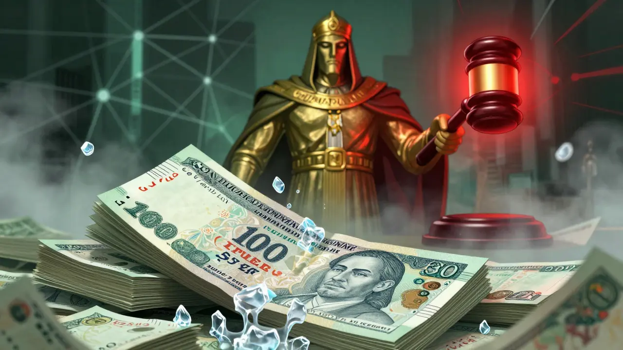 Melting banknotes and central bank figure in anime style