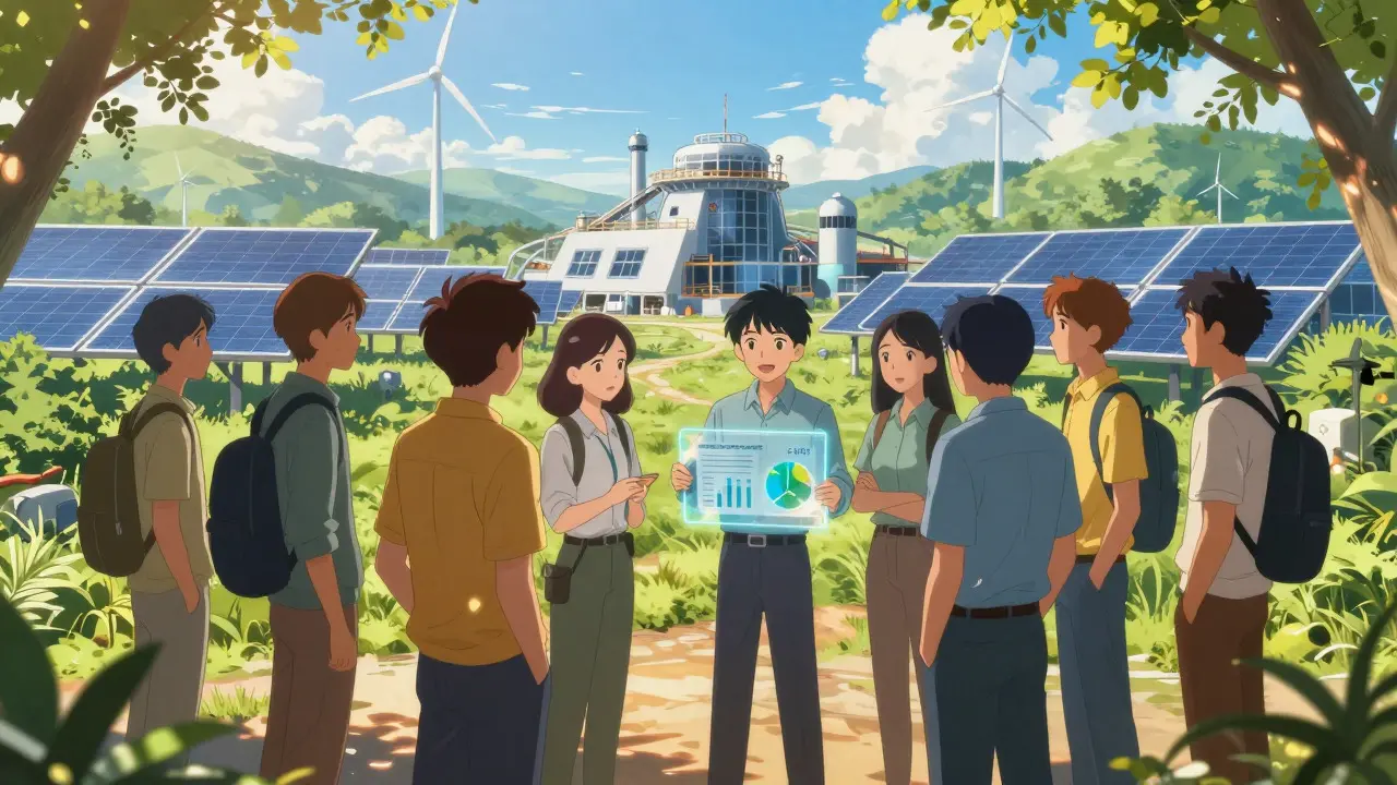 Professionals discussing sustainable mining at a green energy facility