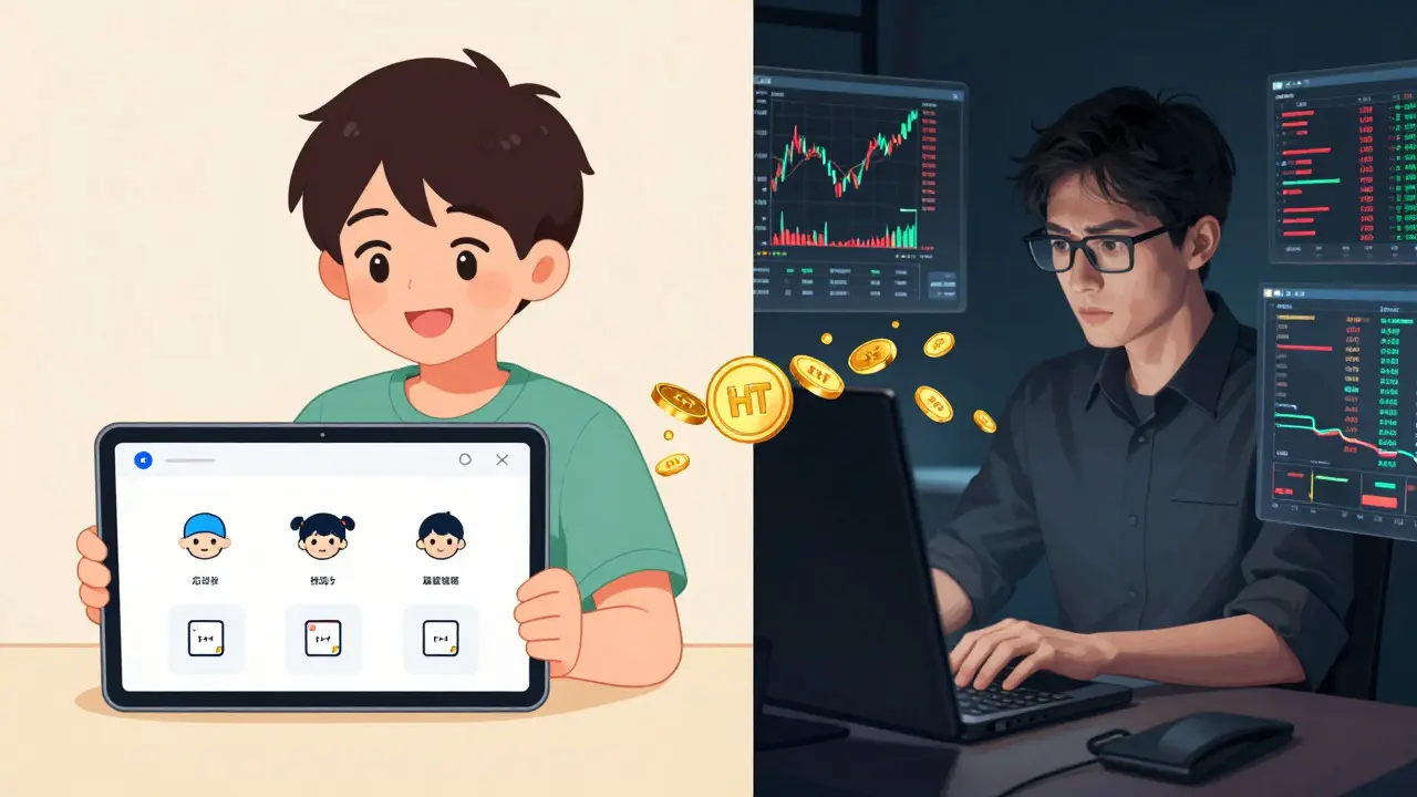 Split view of beginner and pro traders using crypto platform