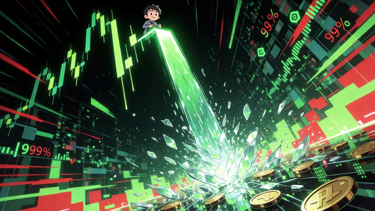 Stylized anime chart showing a dramatic price crash into shattered glass shards.
