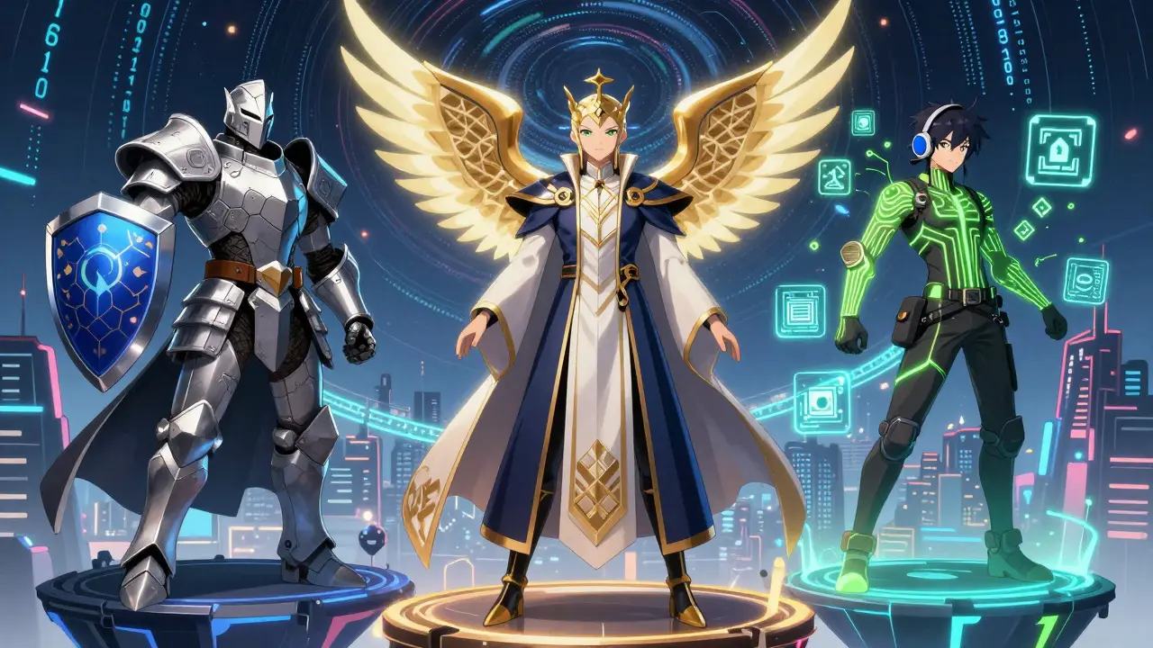 Three anime avatars representing QRL, Diamante, and Project Zond blockchains