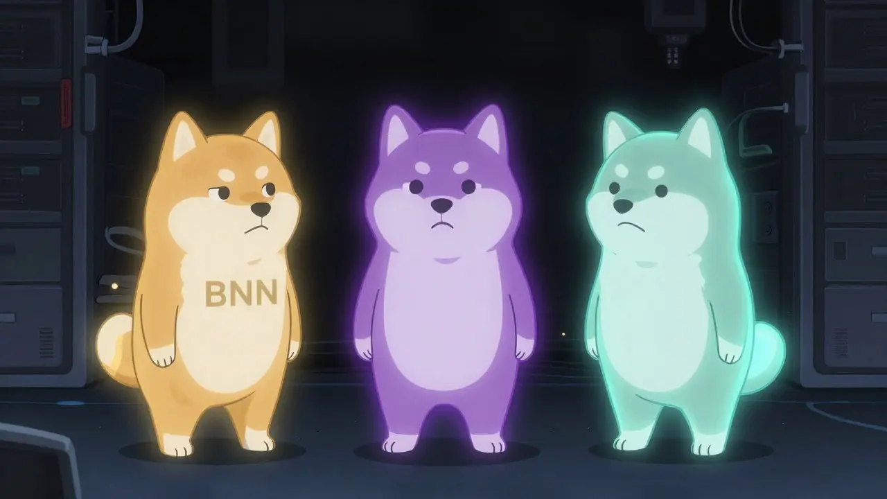 Three anime dog avatars representing different blockchain networks