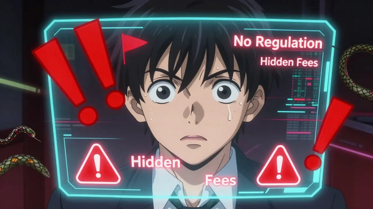 Trader seeing red flag warnings on holographic screen in anime style