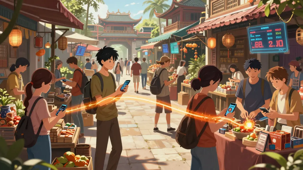 Vibrant anime market scene showing people using Bitcoin Cash for daily payments.