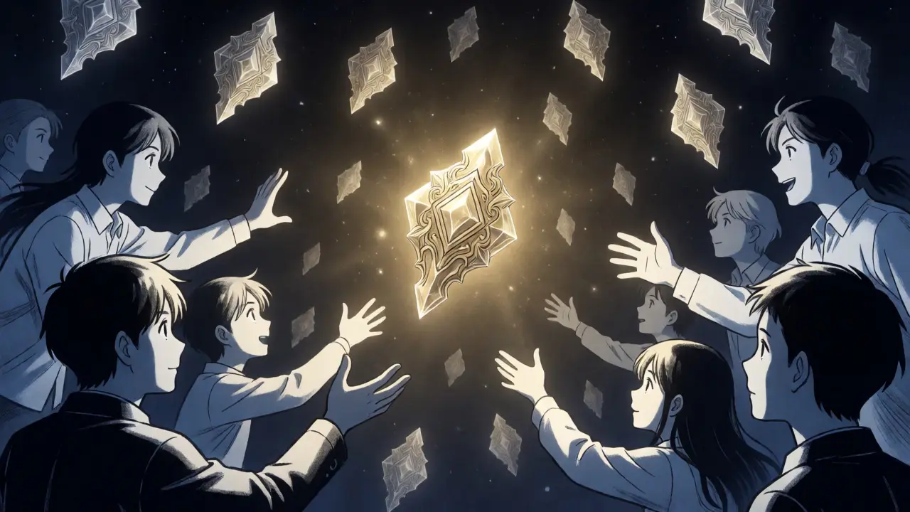 Anime art depicting a rare golden NFT crystal surrounded by community silhouettes