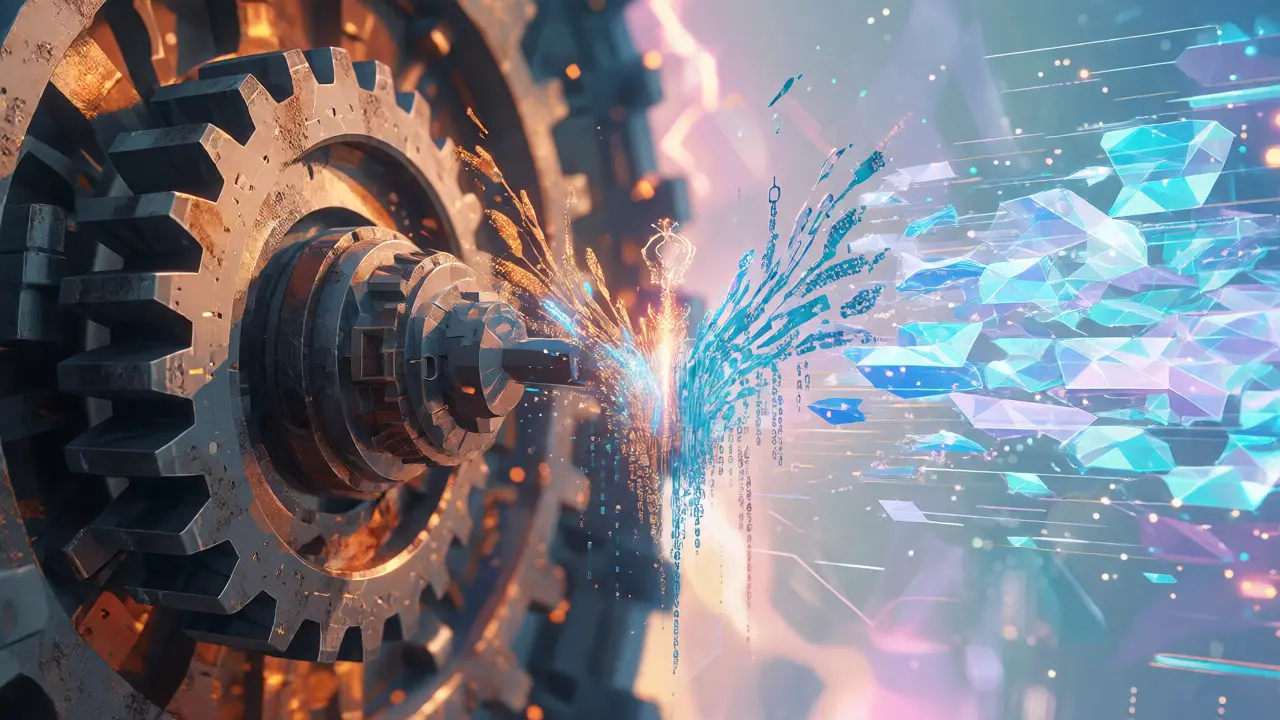 Anime art showing transformation from old tech to AI data