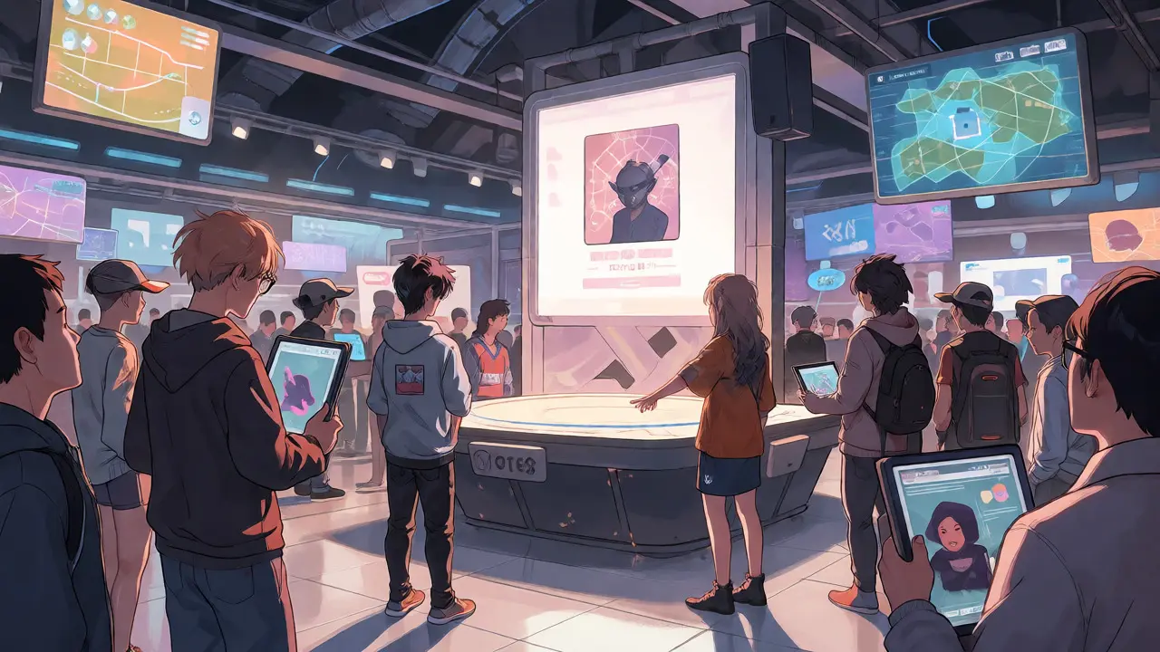 Anime avatars gathering in a metaverse marketplace for an NFT launch