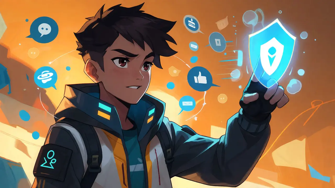 Anime character interacting with a holographic security shield and task icons