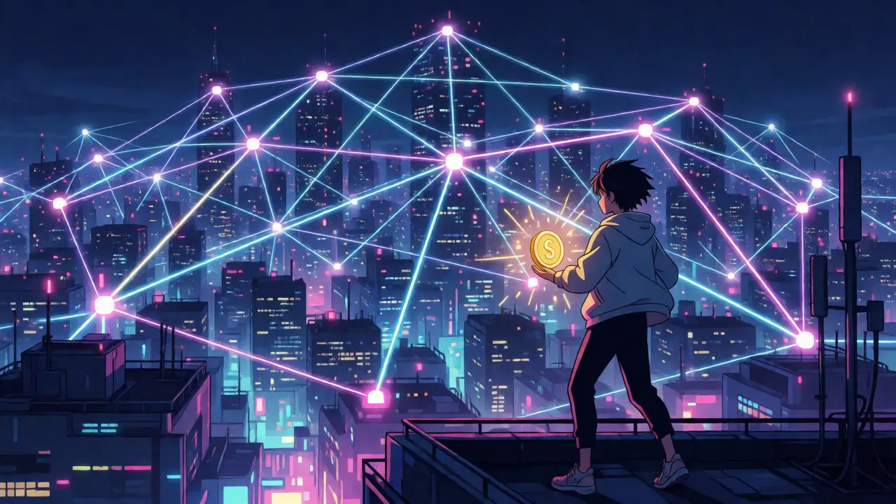 Anime character overlooking a neon-lit decentralized network cityscape