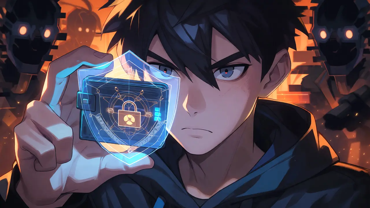 Anime character securing their digital wallet against phishing threats with a holographic shield