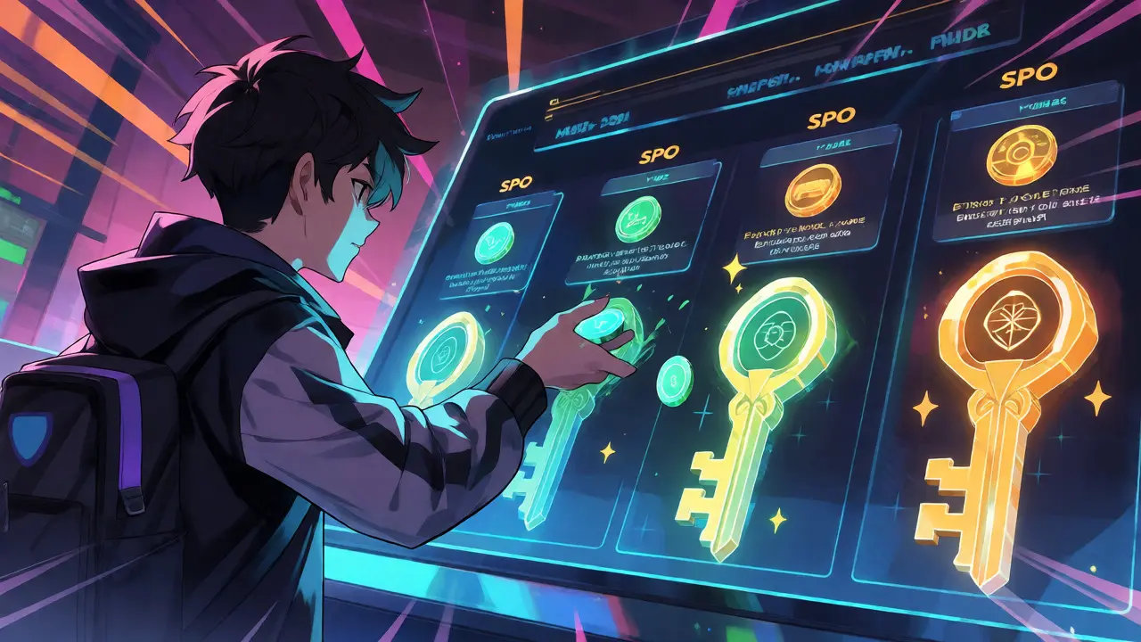 Anime character staking SPO tokens to unlock virtual launchpad tiers